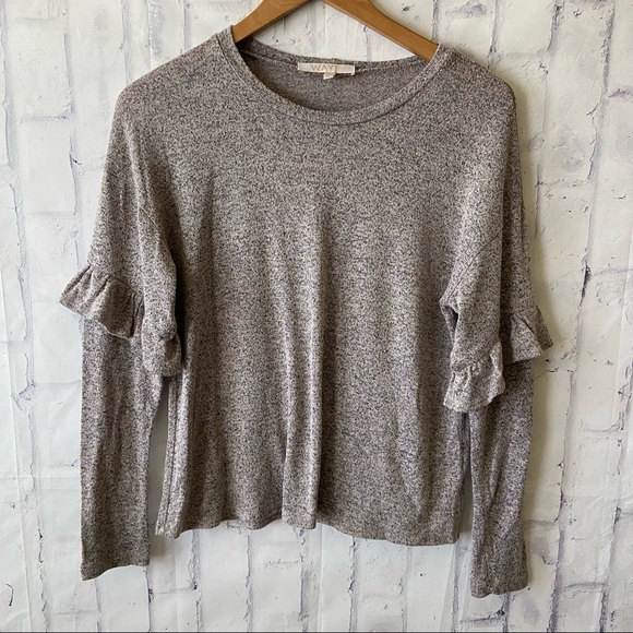 WAYF Marbled Ruffle Sleeve Long Sleeve Crewneck Top White Black Grey XS - Picture 3 of 6